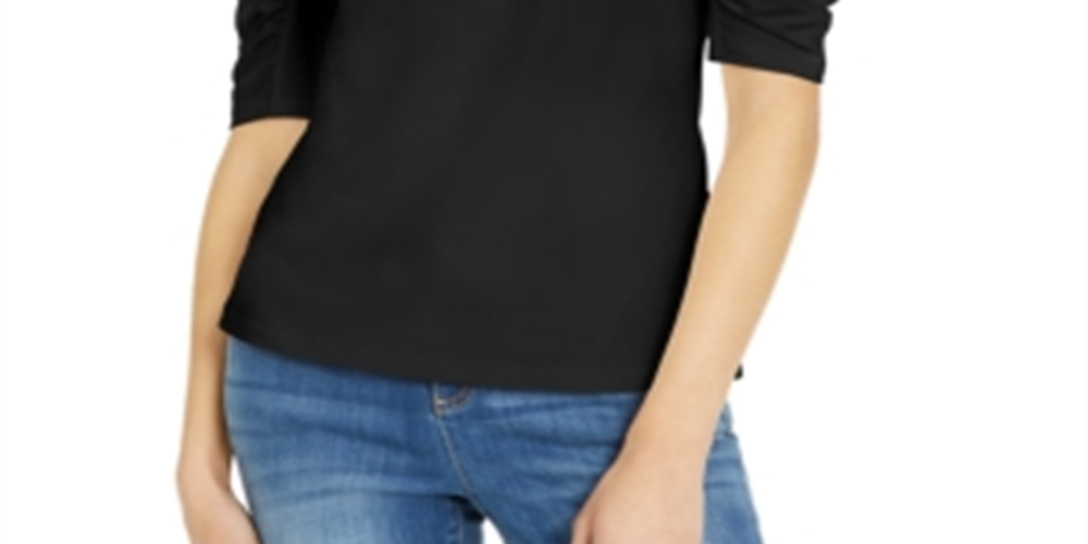 INC International Concepts Women's Gathered Sleeve T-Shirt Black Size Petite L
