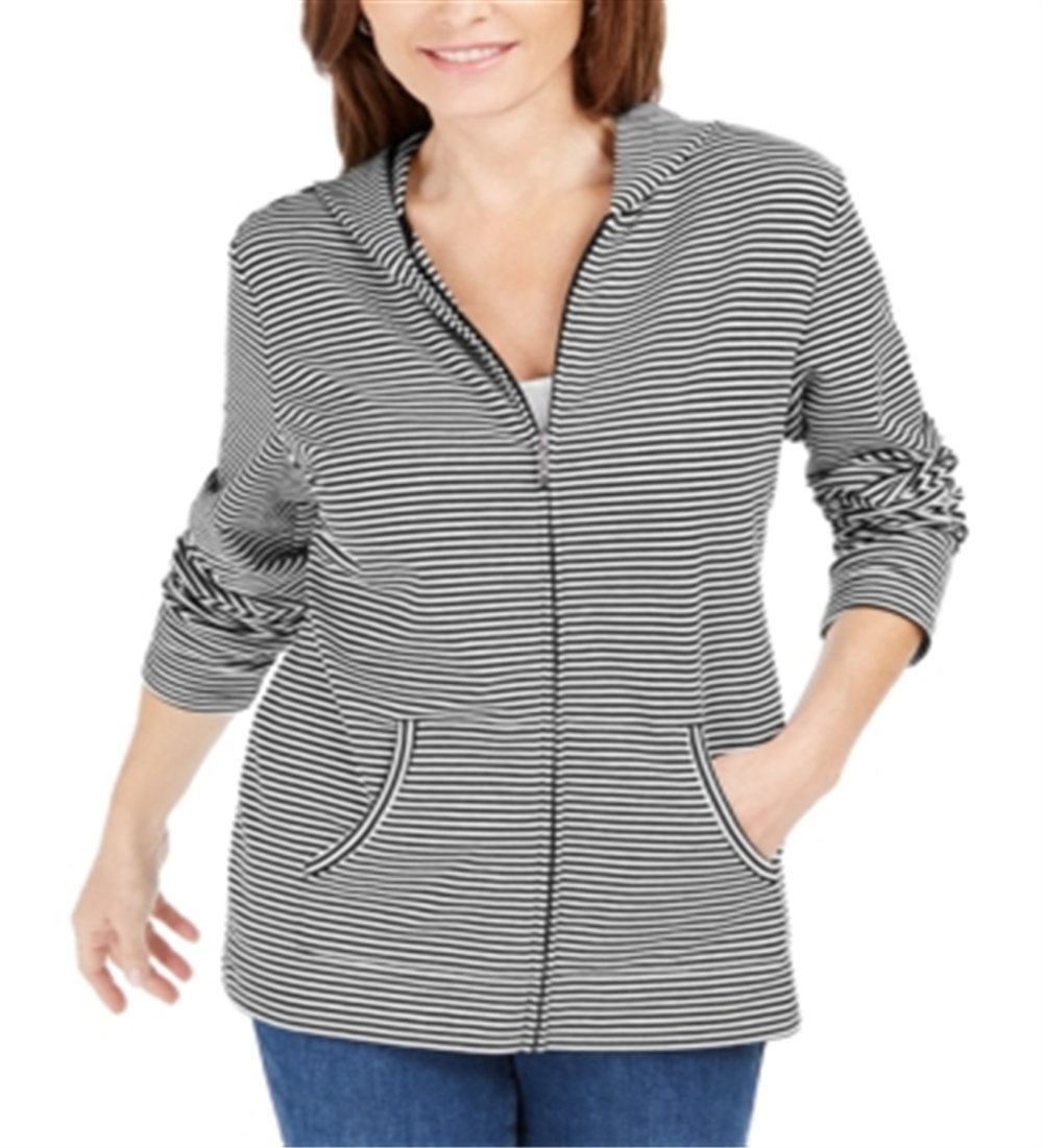 Karen Scott Women's Mini Striped Zip Hoodie Black/White Size Medium