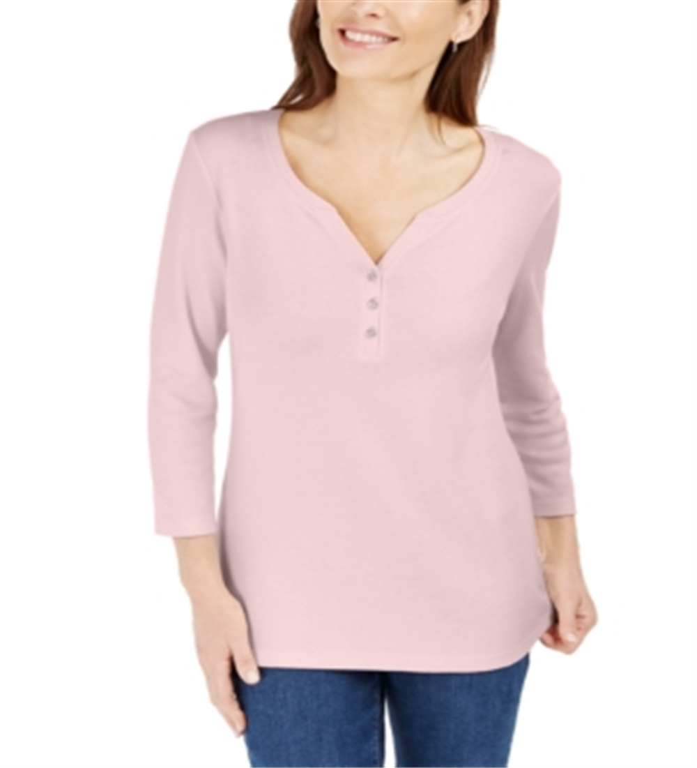 Karen Scott Women's 3/4 Sleeve Henley Shirt Pink Size Small