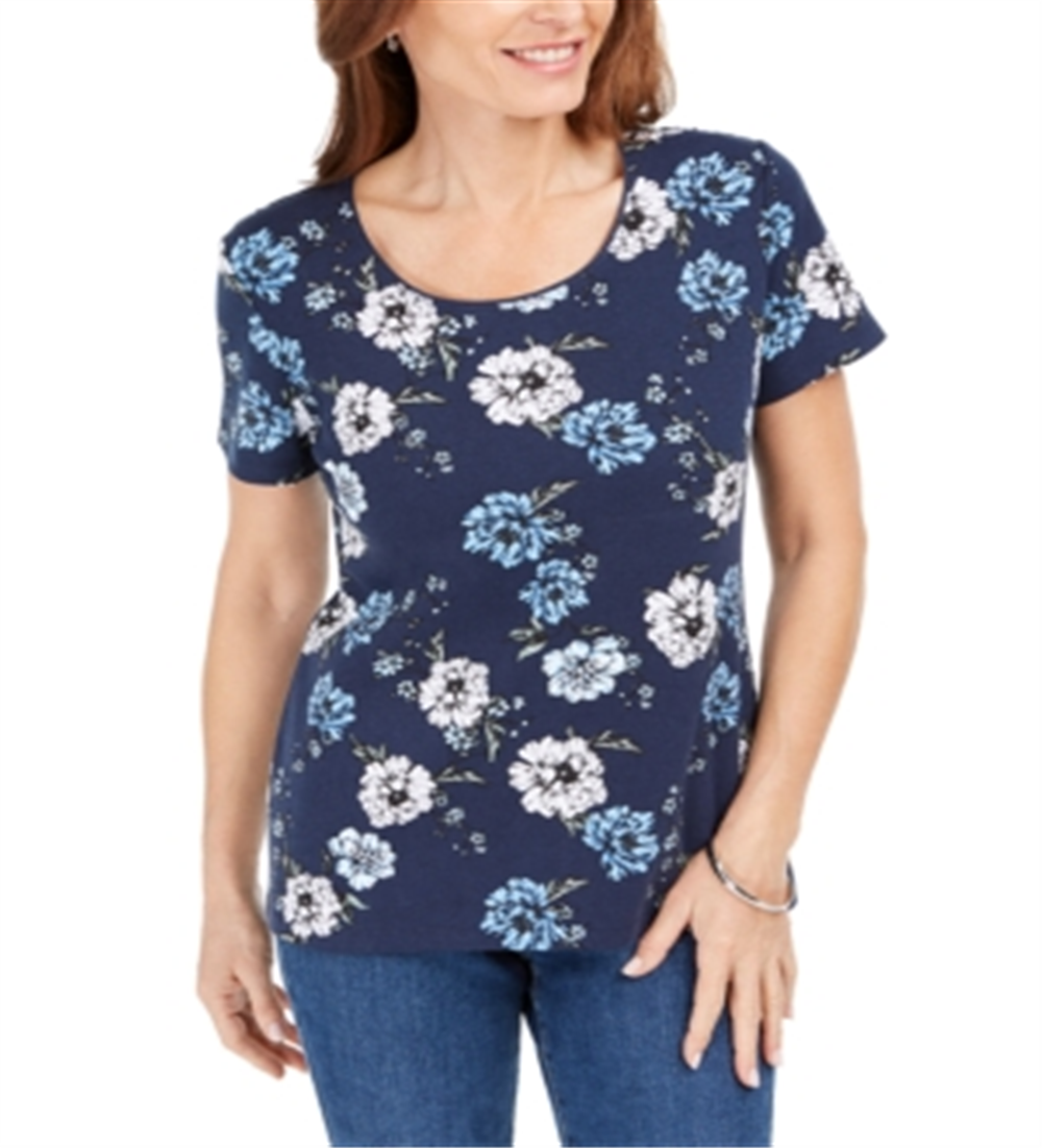 Karen Scott Women's Printed Scoop Neck Top Blue Size Small