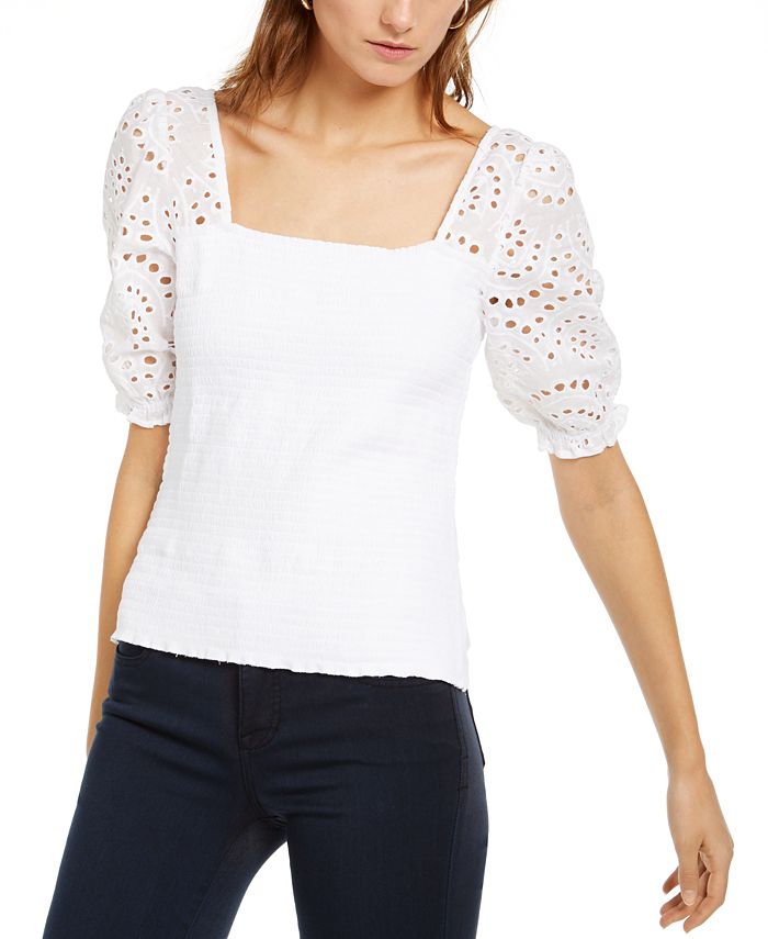INC International Concepts Women's Smocked Eyelet Sleeves White Size X-Large