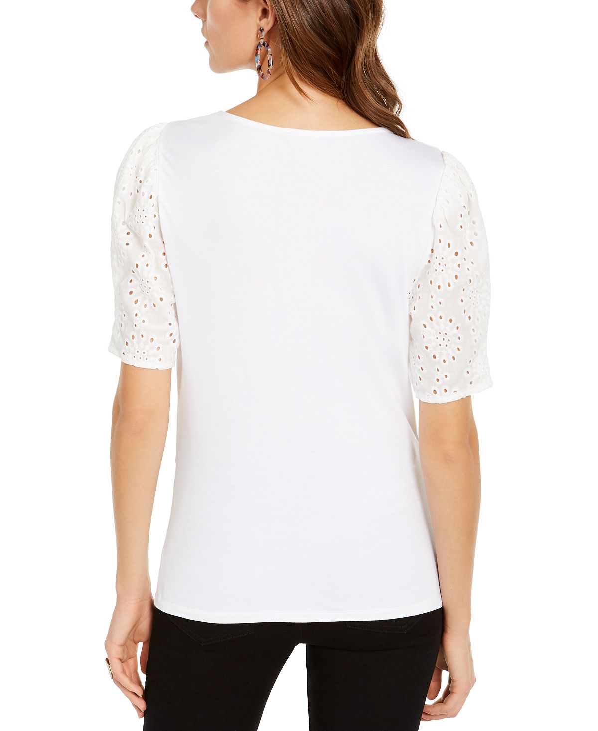 INC International Concepts Women's Eyelet Puff Sleeve Top White Size Petite Medium