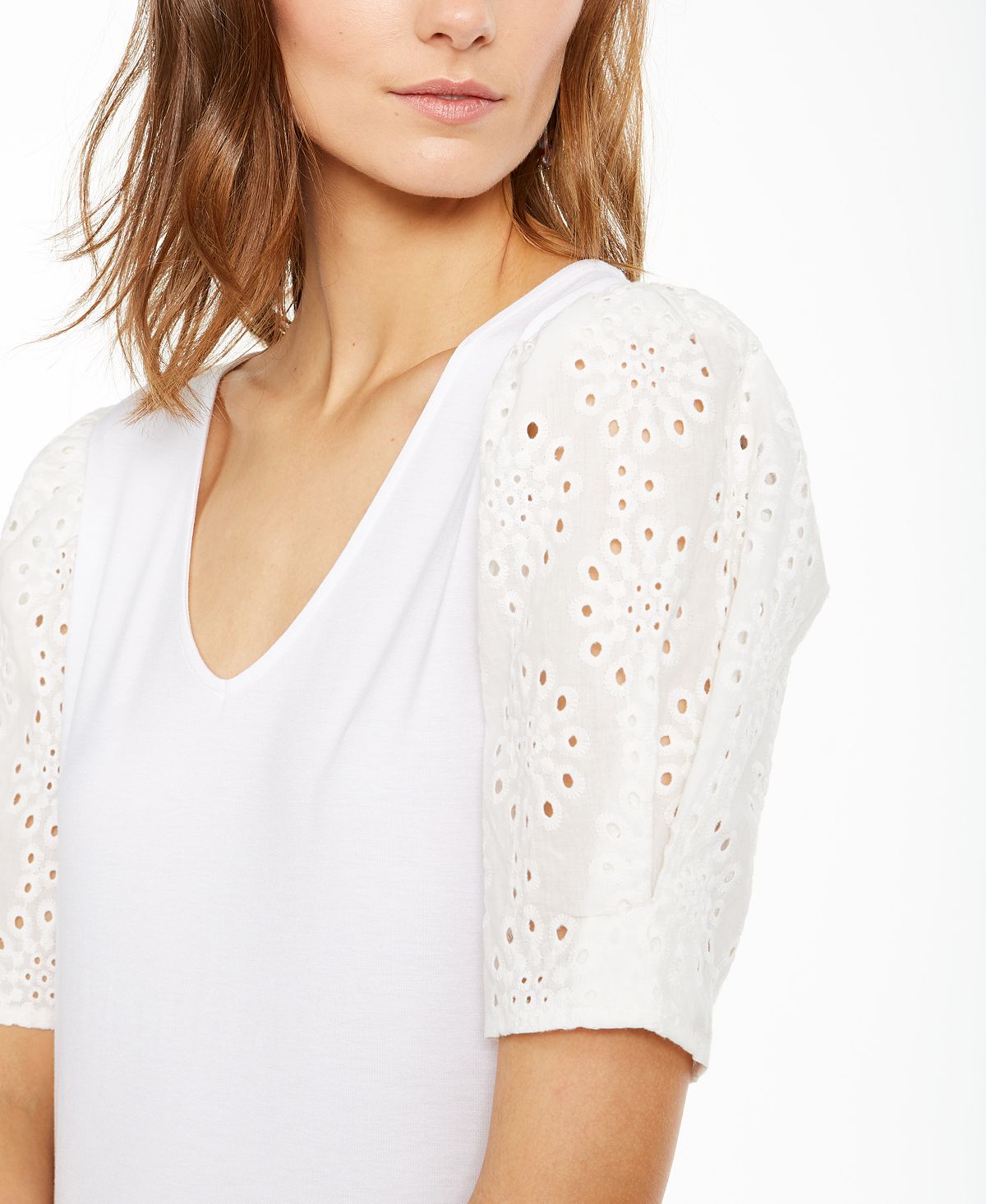 INC International Concepts Women's Eyelet Puff Sleeve Top White Size Petite Medium