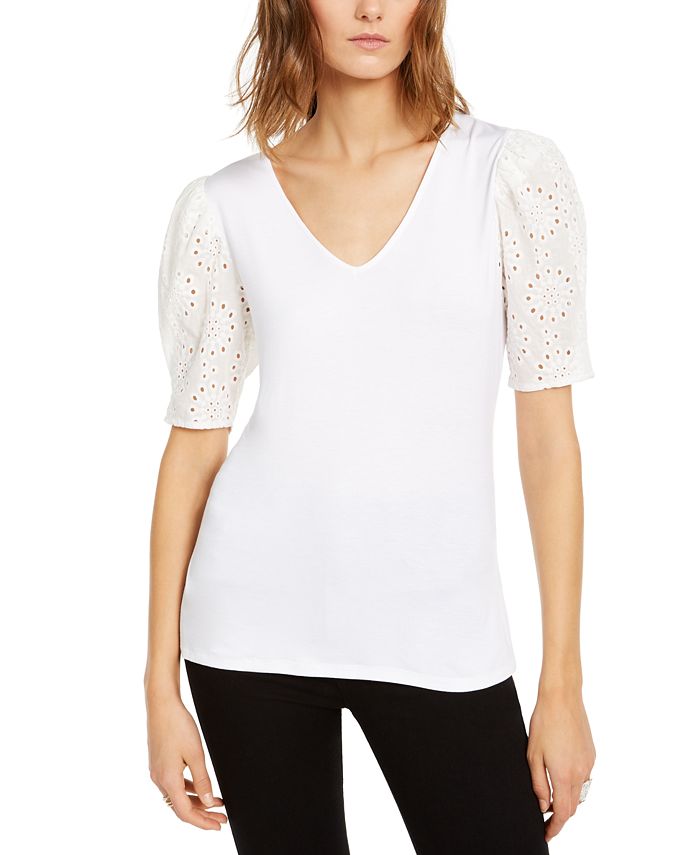 INC International Concepts Women's Eyelet Puff Sleeve Top White Size Petite