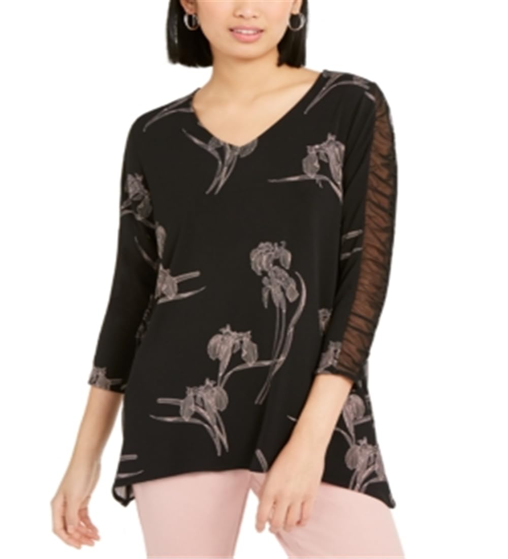 Alfani Women's Black Floral Print Ruched Sleeve Top Size Large