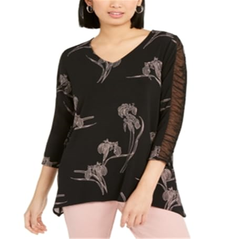 Alfani Women's Black Floral Print Ruched Sleeve Top Size Large