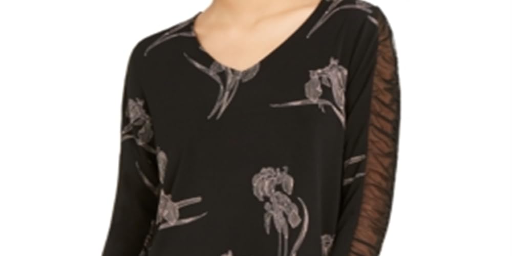 Alfani Women's Black Floral Print Ruched Sleeve Top Size Large