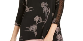 Alfani Women's Black Floral Print Ruched Sleeve Top Size Large
