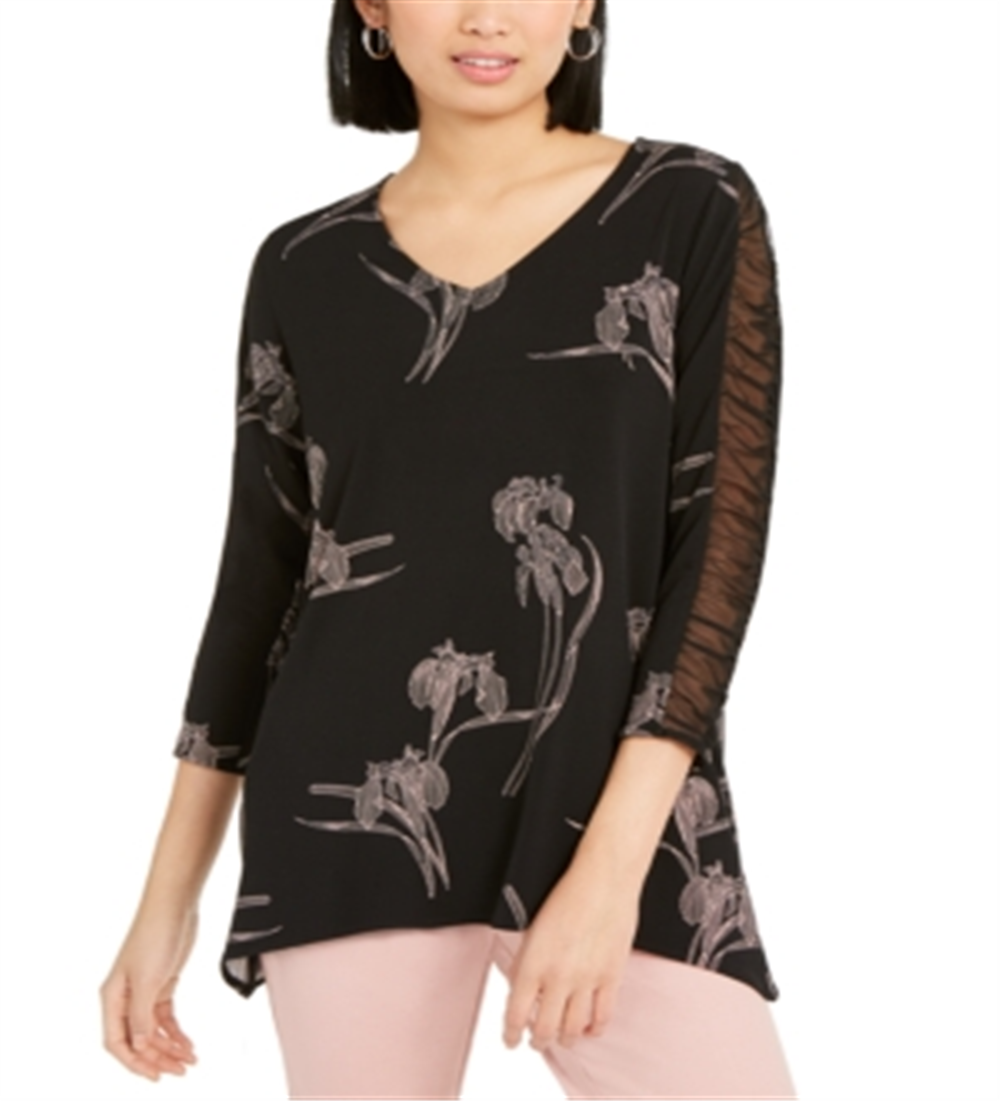 Alfani Women's Black Floral Print Ruched Sleeve Top Size Large