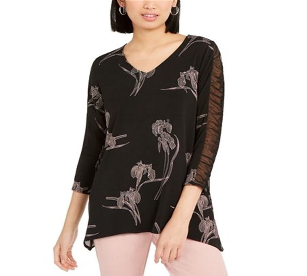 Alfani Women's Black Floral Print Ruched Sleeve Top Size Large