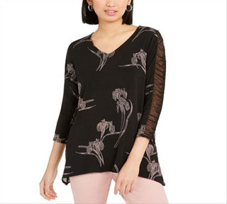 Alfani Women's Black Floral Print Ruched Sleeve Top Size Large