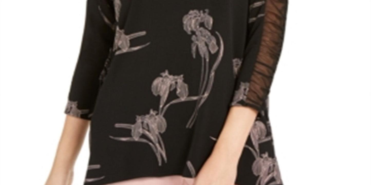 Alfani Women's Black Floral Print Ruched Sleeve Top Size Large