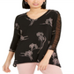 Alfani Women's Black Floral Print Ruched Sleeve Top Size Large