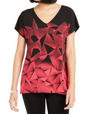 Alfani Women's Geo Print V Neck 2 Tone Tunic Blouse Black Size X-Large
