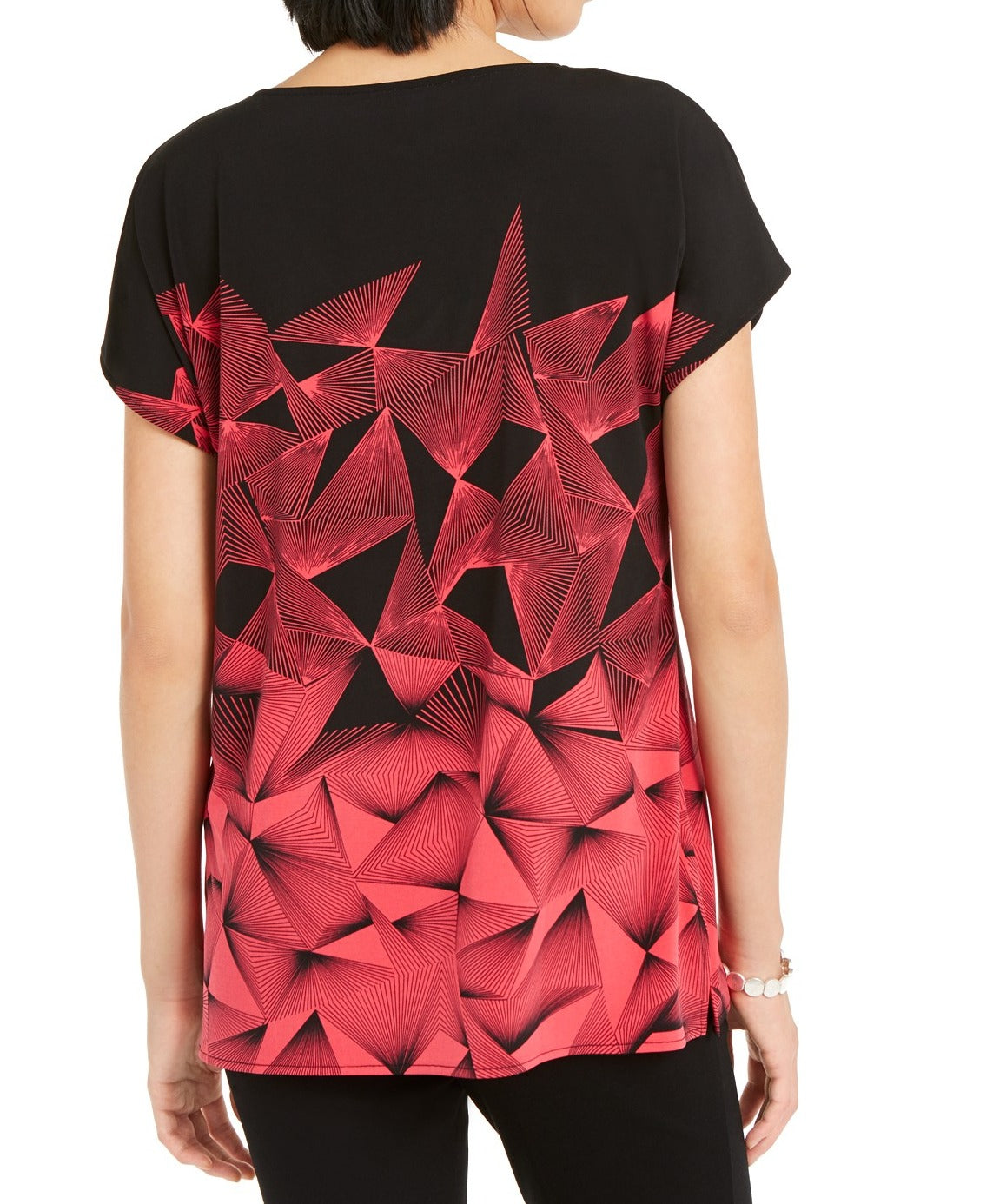 Alfani Women's Geo Print V Neck 2 Tone Tunic Blouse Black Size X-Large