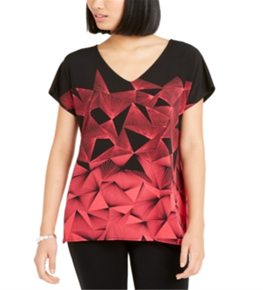 Alfani Women's Geo Print V Neck 2 Tone Tunic Blouse Black Size X-Large