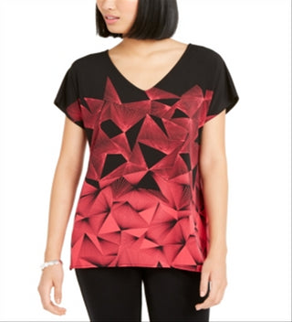 Alfani Women's Geo Print V Neck 2 Tone Tunic Blouse Black Size X-Large