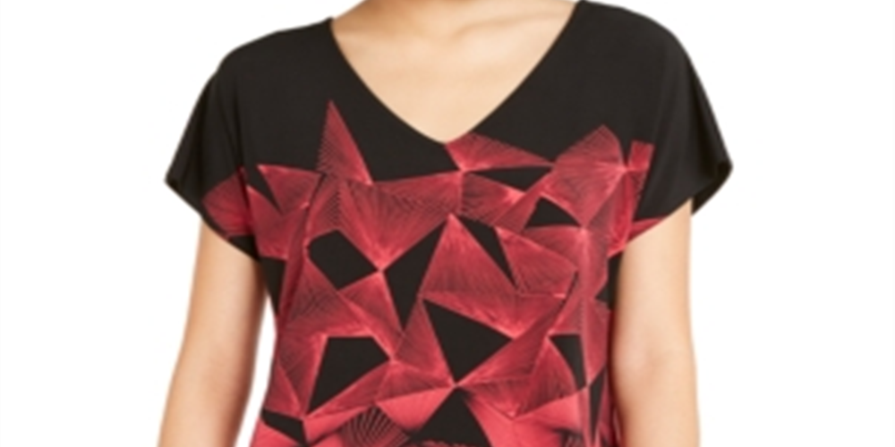 Alfani Women's Geo Print V Neck 2 Tone Tunic Blouse Black Size X-Large