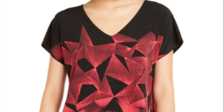 Alfani Women's Geo Print V Neck 2 Tone Tunic Blouse Black Size X-Large