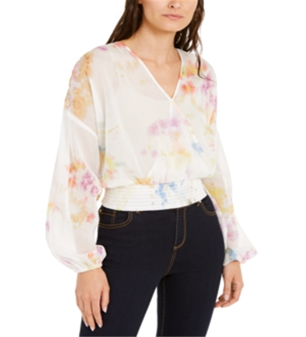 INC International Concepts Women's Rainbow Tie Dye Surplice Top White- Size L