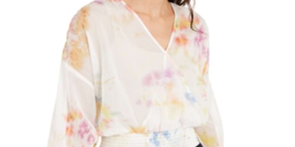 INC International Concepts Women's Rainbow Tie Dye Surplice Top White- Size L