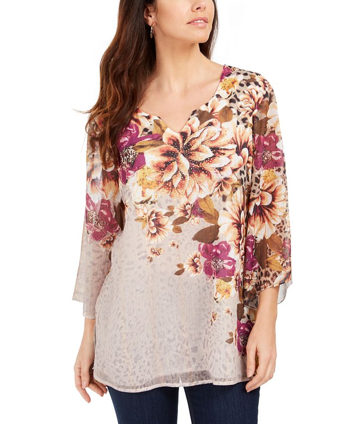 JM Collection Women's Printed Angel Sleeve Top Brown Size XX-Large