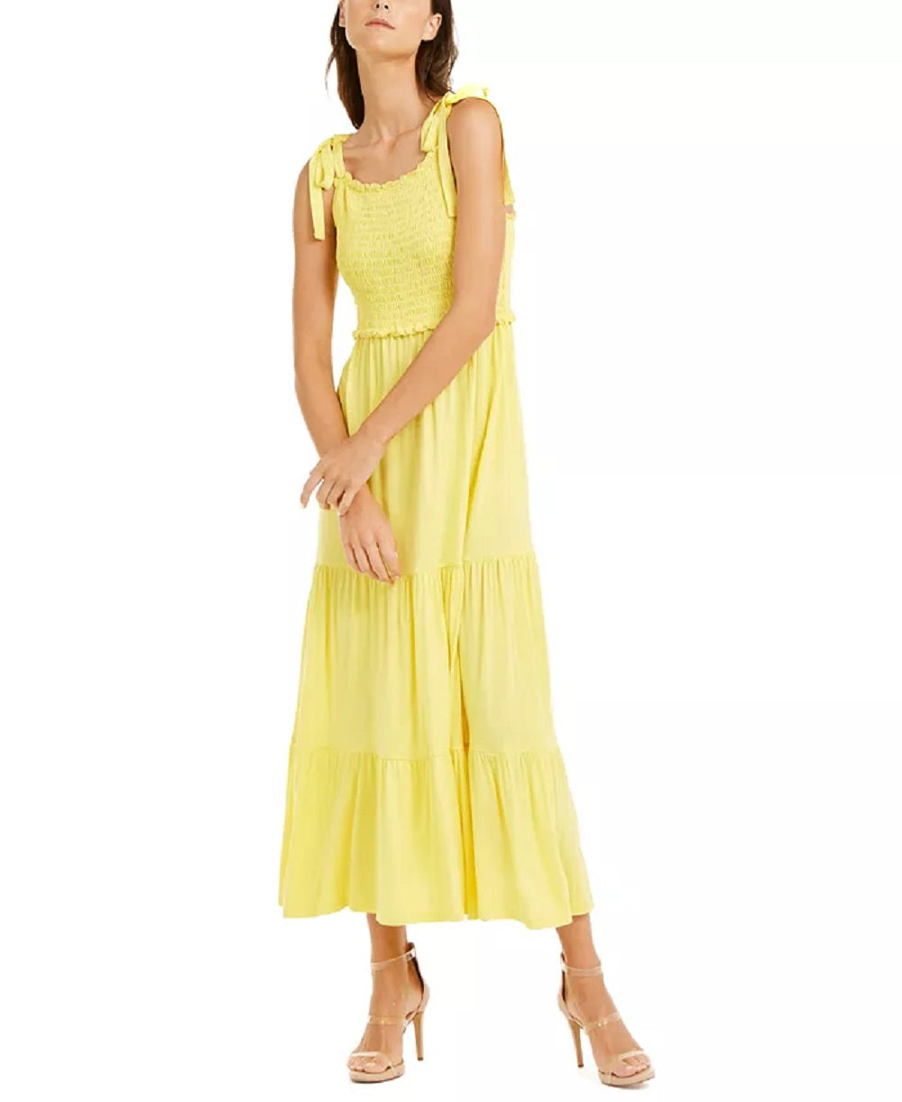 INC International Concepts Women's Smocked Bodice Peplum MIDI Dress Yellow Size X-Large