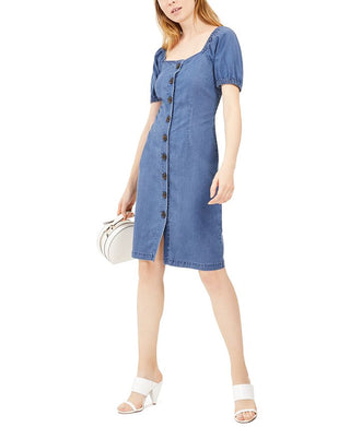 INC International Concepts Women's Denim Square Neck MIDI Dress Blue Size 12