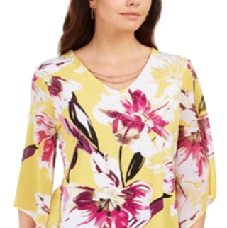 JM Collection Women's Printed Chiffon Sleeve with Necklace Tunic Yellow Size XX-Large