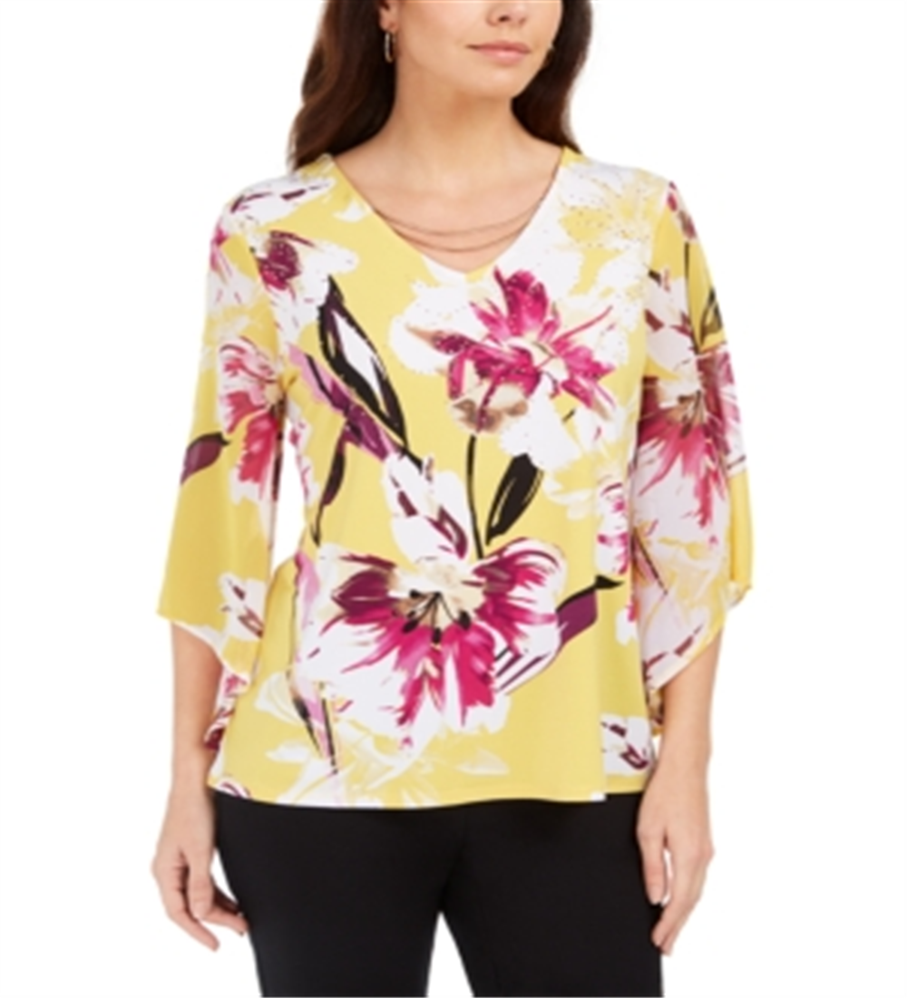 JM Collection Women's Printed Chiffon Sleeve with Necklace Tunic Yellow Size XX-Large