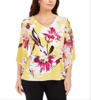 JM Collection Women's Printed Chiffon Sleeve with Necklace Tunic Yellow Size XX-Large