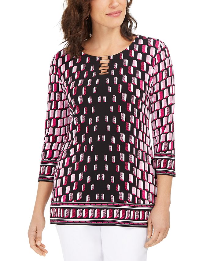 JM Collection Women's Printed Hardware Tunic Red Size Small