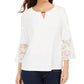 JM Collection Women's Mixed Media Bell Sleeve Keyhole Top White Size Large