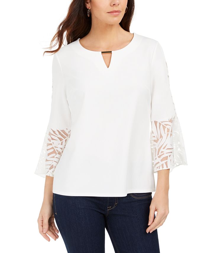 JM Collection Women's Mixed Media Bell Sleeve Keyhole Top White Size Large