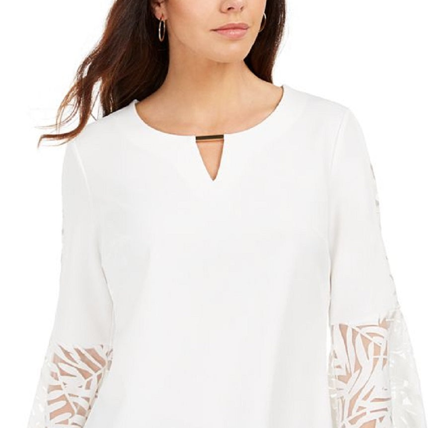 JM Collection Women's Mixed Media Bell Sleeve Keyhole Top White Size Large
