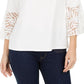 JM Collection Women's Mixed Media Bell Sleeve Keyhole Top White Size Large