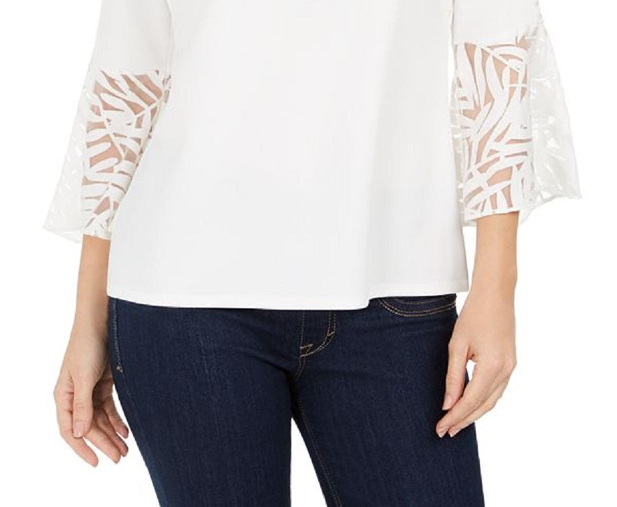 JM Collection Women's Mixed Media Bell Sleeve Keyhole Top White Size Large