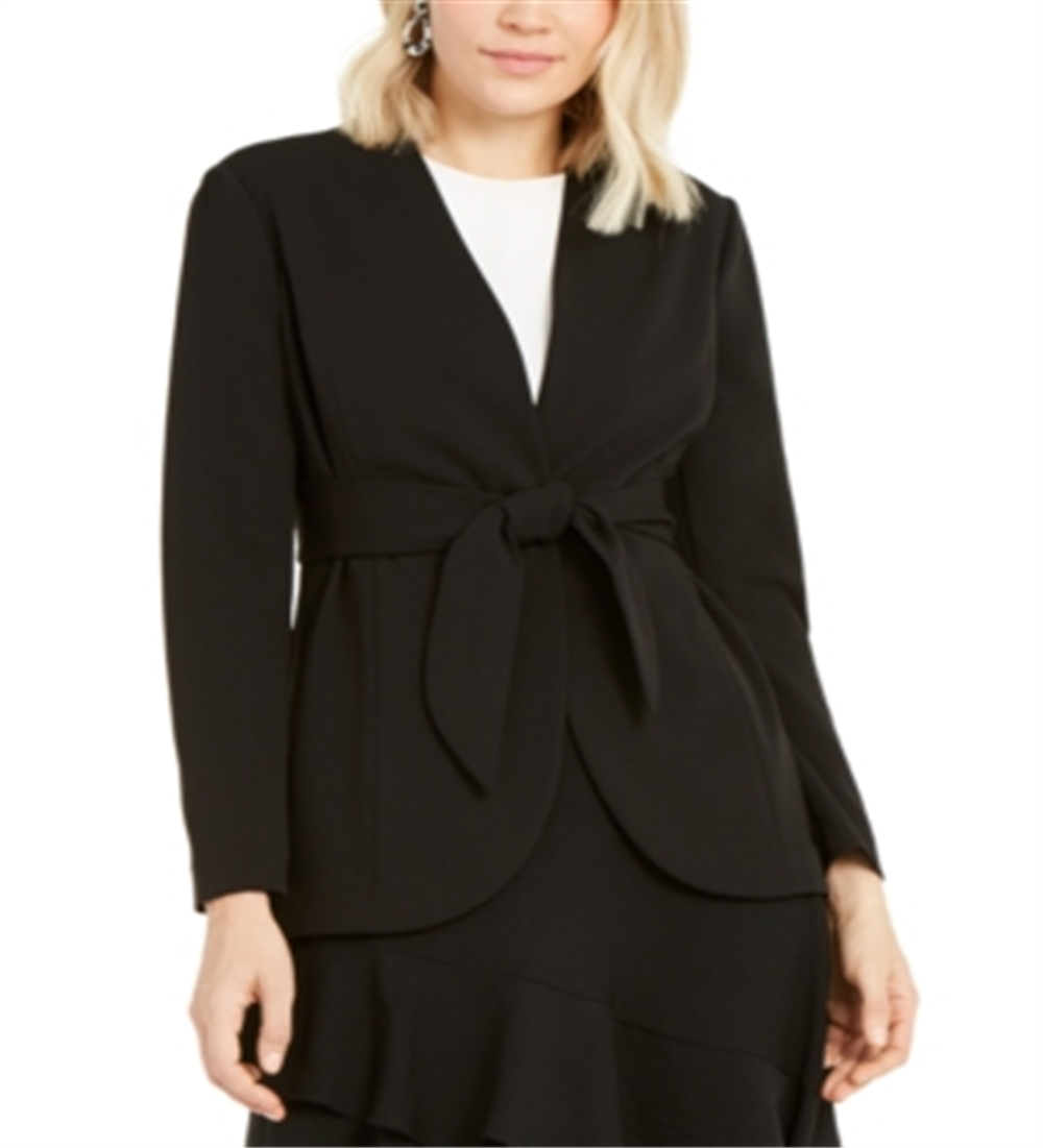 Alfani Women's Tie Waist Collarless Blazer Black Size 18