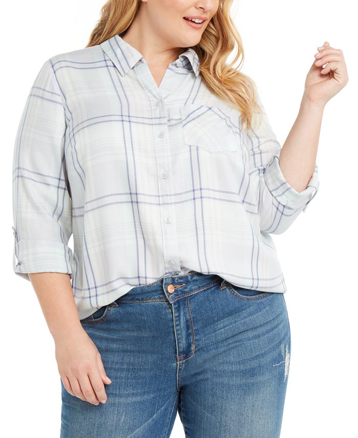 Style & Co Women's Plaid Button Down Blouse Green Size 0X