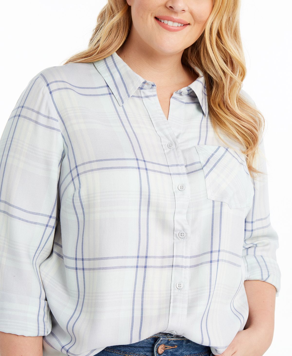 Style & Co Women's Plaid Button Down Blouse Green Size 0X