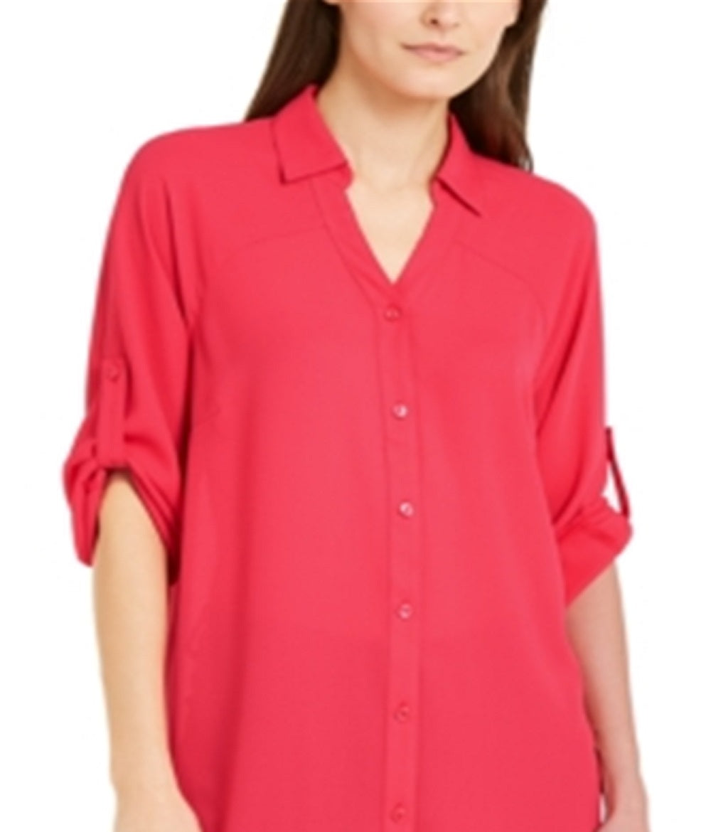 Alfani Women's Roll Tab Tunic Shirt Red Size Large