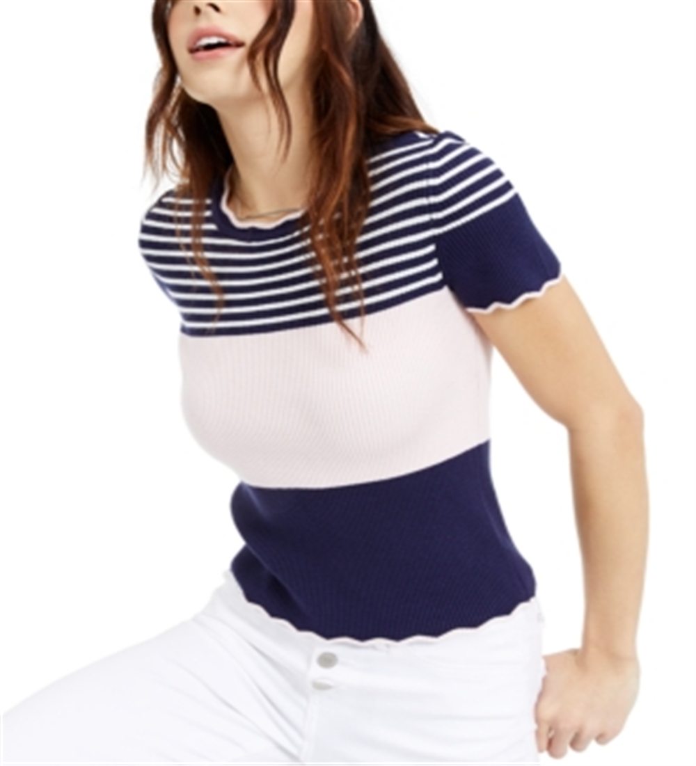 Maison Jules Women's Color Block Striped Short Sleeve Crew Neck T-Shirt Blue Size X-Large