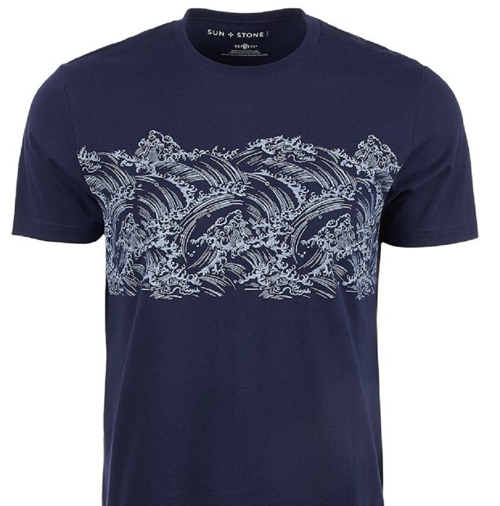Sun + Stone Men's Wave Stripe Pattern T-Shirt Blue Size Small