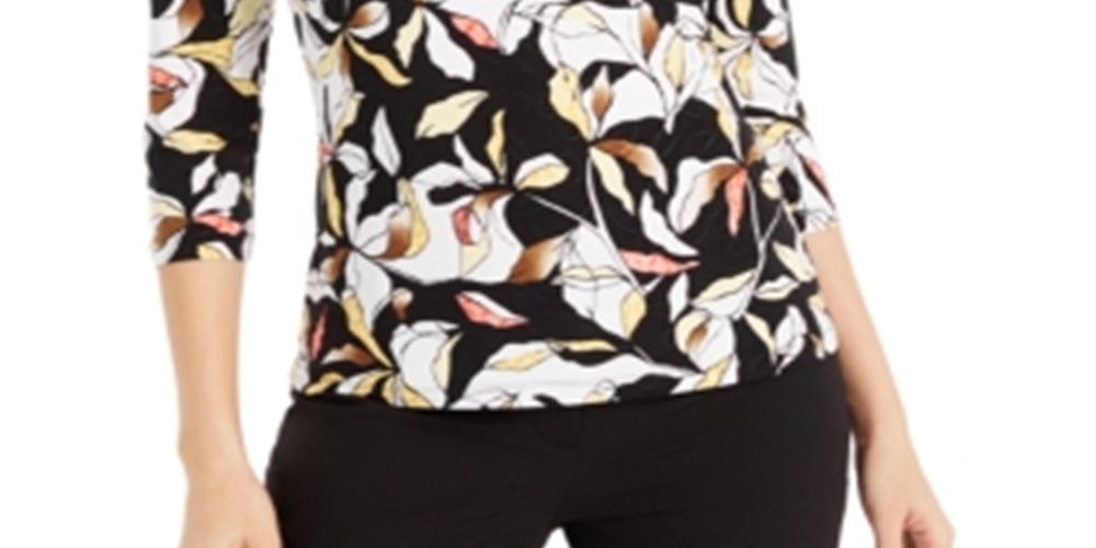 JM Collection Women's Floral Print Scoop Neck Jacquard Top Black/Yellow Size Small