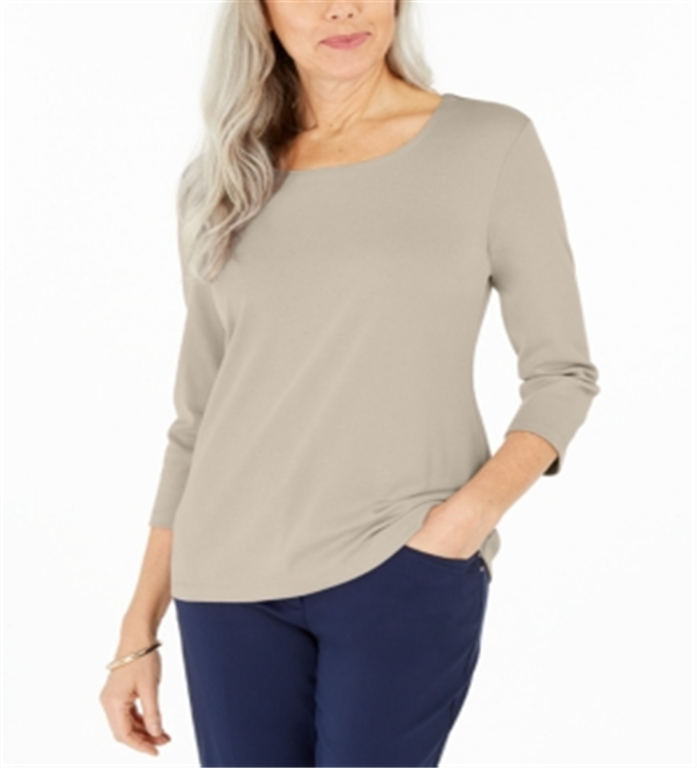 Karen Scott Women's Cotton 3/4 Sleeve Top Brown Size Small