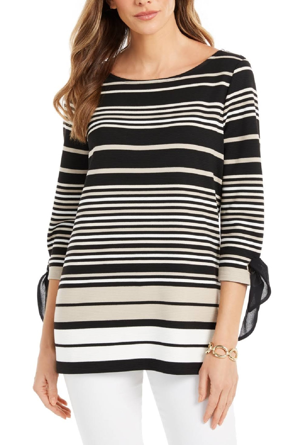 Charter Club Women's Striped Tie Sleeve Top Black Size Petite X-Large