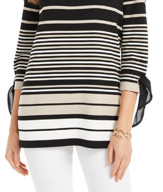 Charter Club Women's Striped Tie Sleeve Top Black Size Petite X-Large