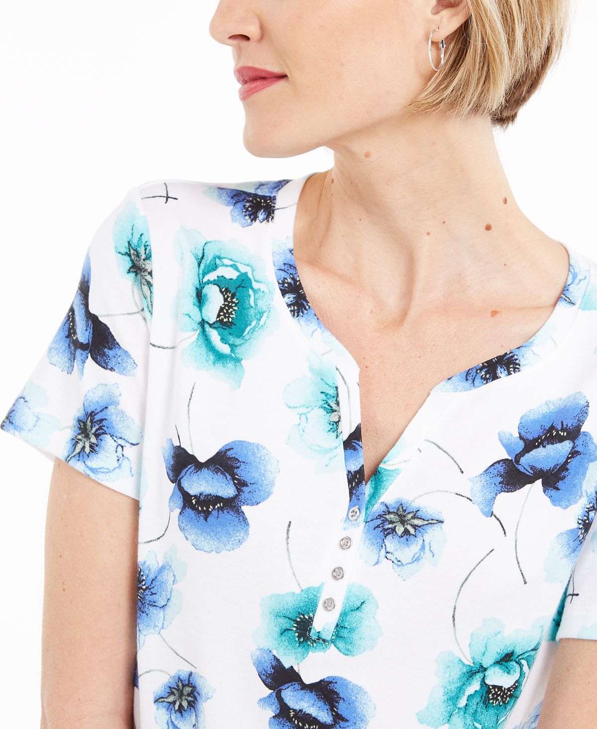 Karen Scott Women's Printed Henley Top White Size Large