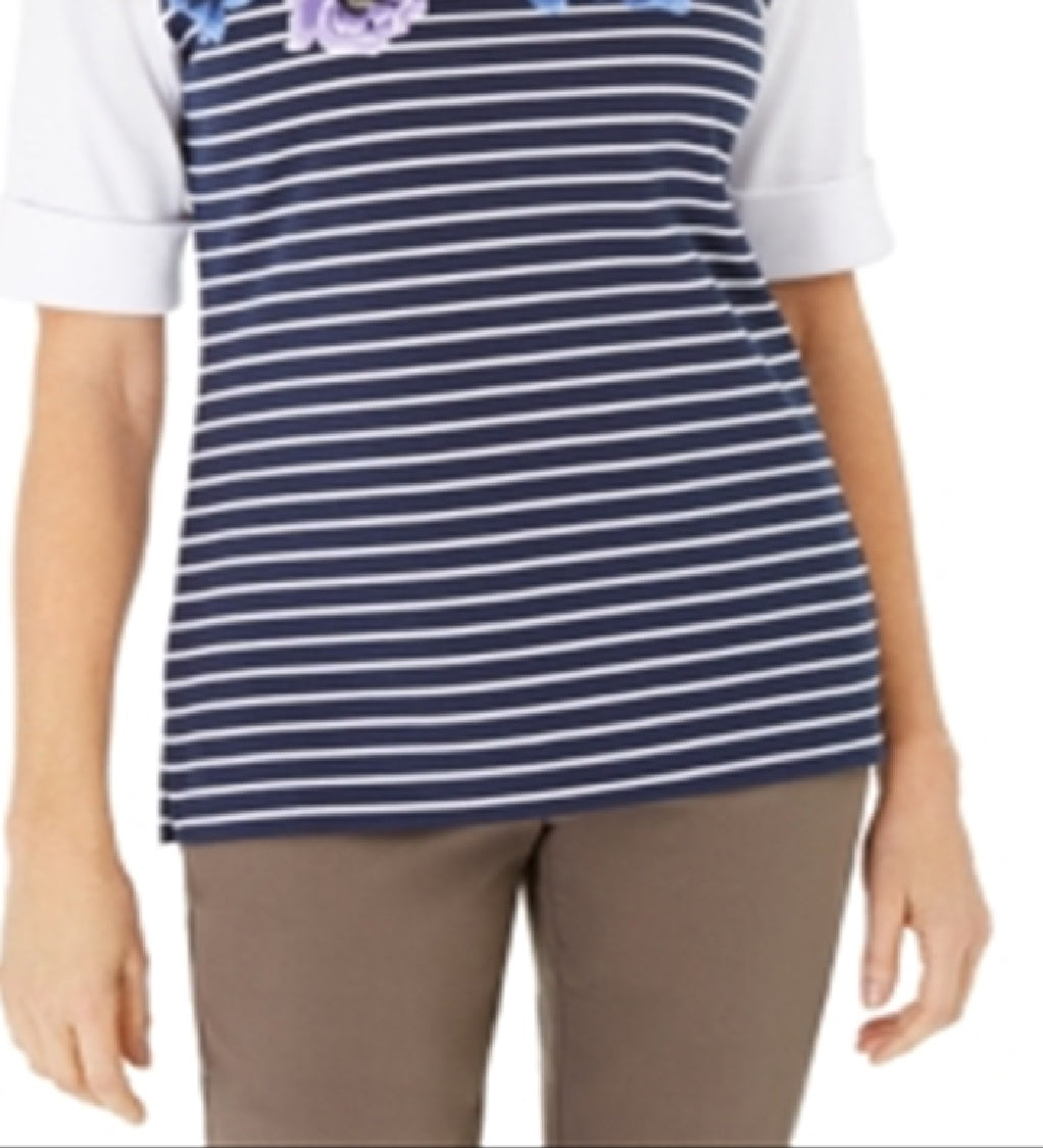 Karen Scott Women's Printed Elbow Sleeve Top Blue Size Large