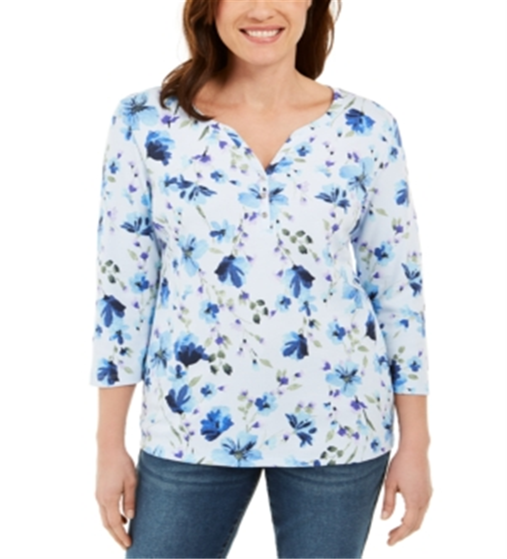 Karen Scott Women's Floral Print Henley Top Blue Size Petite Small